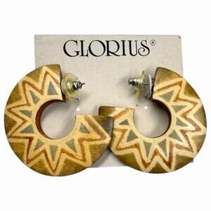 VINTAGE 1990s GLORIUS WOOD HOOP EARRINGS CHUNKY BOHO TRIBAL SUN NEW OLD STOCK